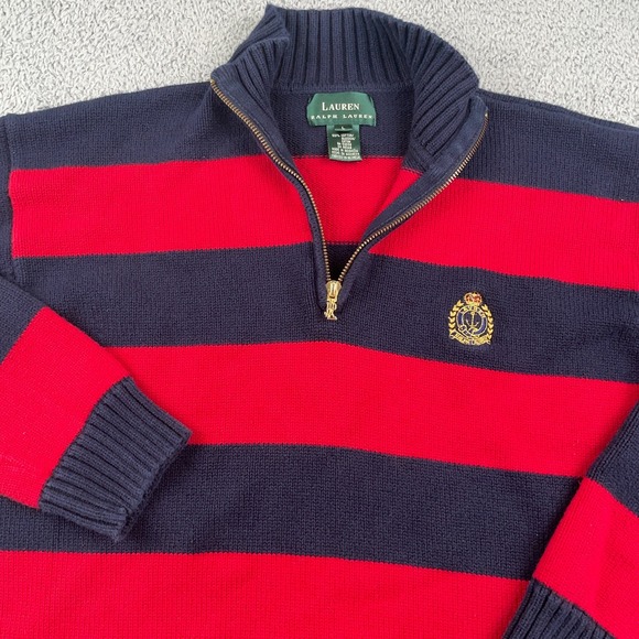 Lauren Ralph Lauren Sweater Mens Large Blue Red 1/4 Zip Crest Knit Pullover - Picture 1 of 9